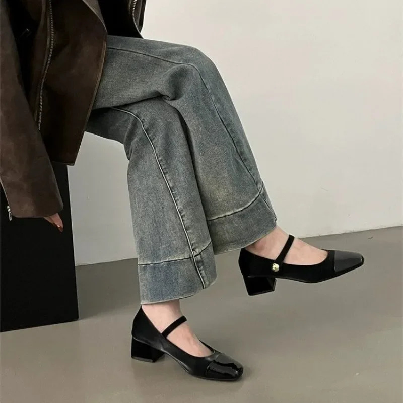 Thick Heel Mary Jane Single Shoes Womens Spring French Mid Heel Evening Black Square Head Small Leather Shoes 241112