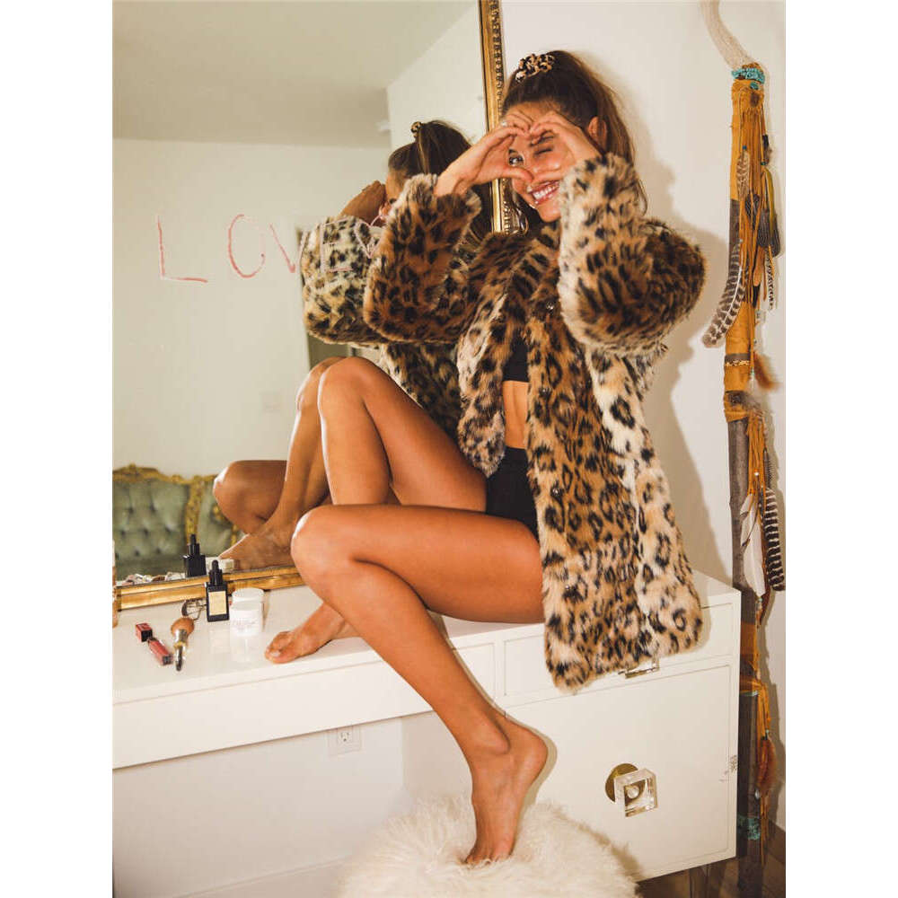 shanshi fur coat women Popular faux fur plush leopard print casual loose mid length jacket