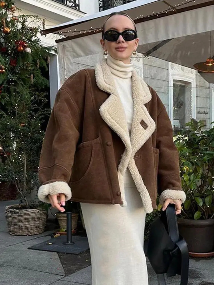 Retro artificial leather warm jacket with thick and fluffy splicing large collar jacket for women long sleeved jacket for women winter womens street j