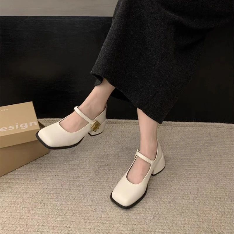 2024 Autumn Women Fashion Square Toe Close Toe Ankel Strap Mules Ladies Elegant Mary Jane Ballet Shoes Mid Heel Dress Pumps 241112