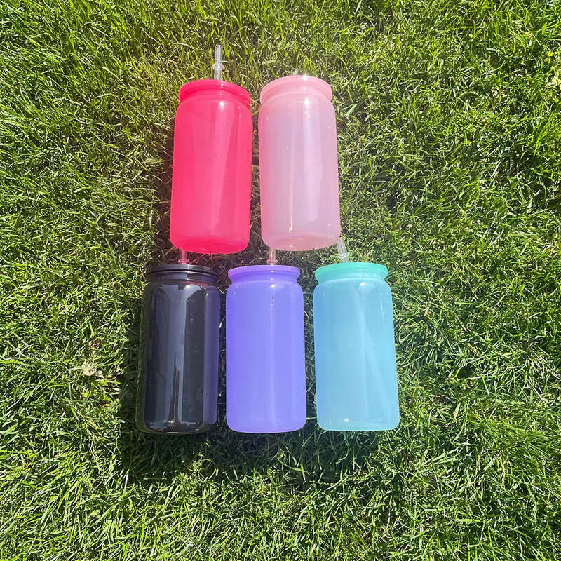 Recyclable Kids Aron 16Oz Plastic Acrylic Shaped Beer Cups Colored Cold Drink Soda Can With Colorful Pp Lids For UV DTF Wraps ,Sold By Case