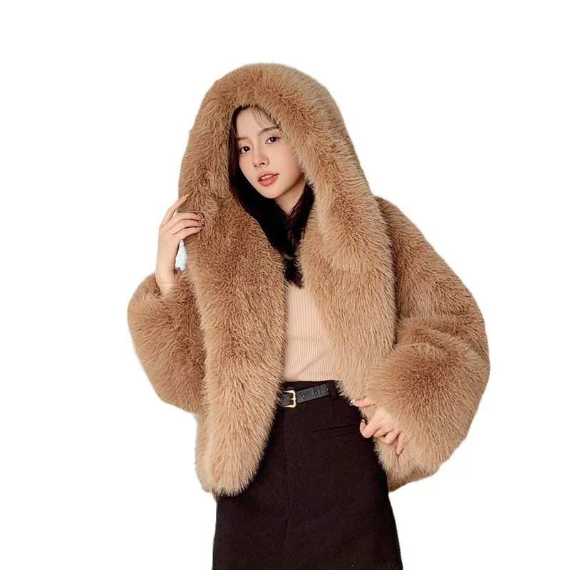 ecofriendly fur fox hooded jacket for women Korean style highend furry warm 241112