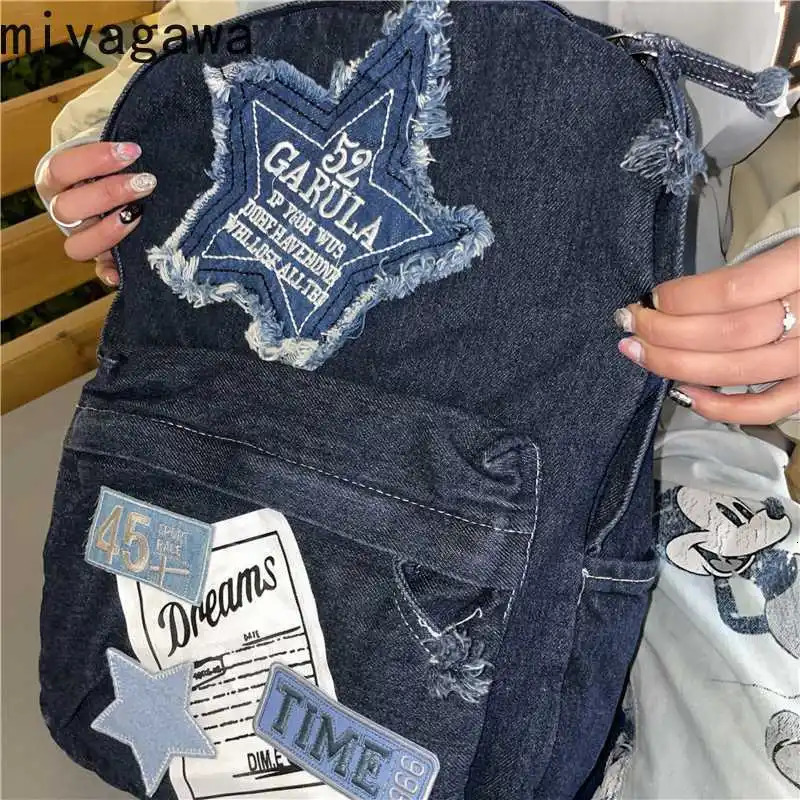 Miyagawa Fashion Backpack Star Y2K Student Backpack Large Capacity Splicing Spicy Handmade Womens Backpack 241111