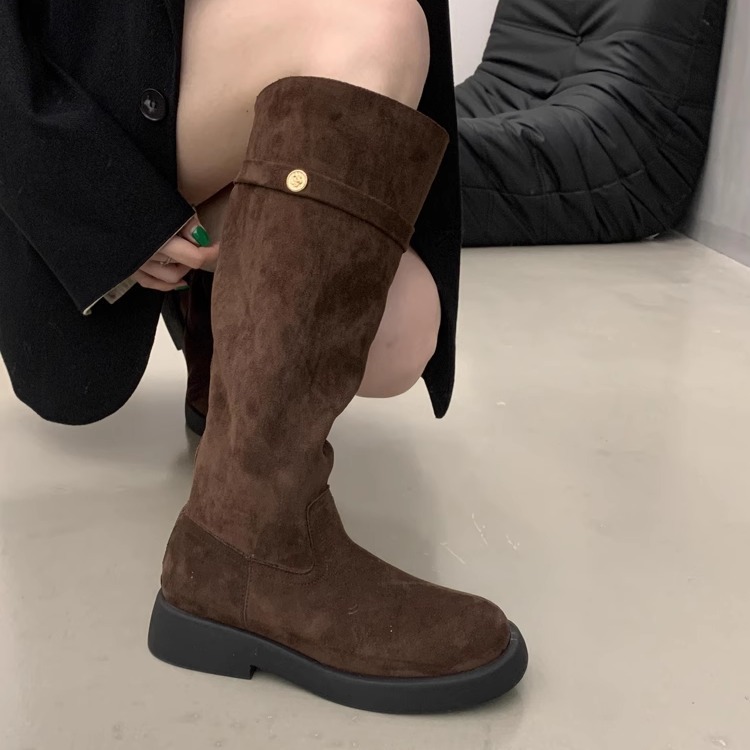 Retro Round Toe Suede Long 2024: Stylish and Durable Women's Boots in Black/Brown 14ab