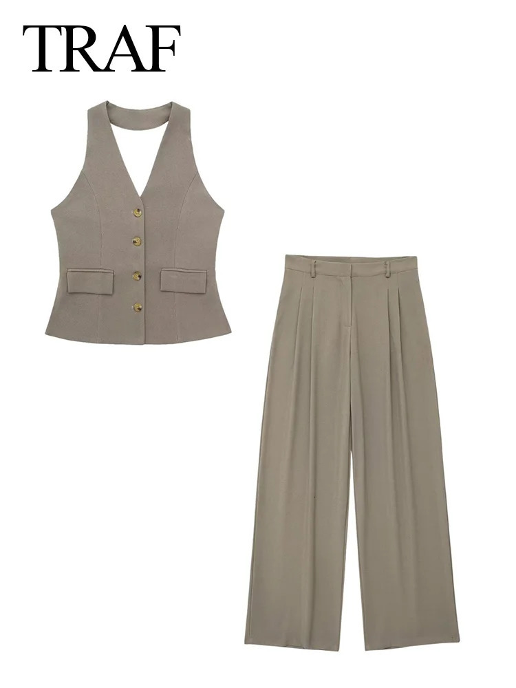 TRAF Women 2 Piece Set Halter Neck SingleBreasted Pocket Sleeveless Vest TopsHigh Waist Zipper Pockets Wide Leg Pant 241111