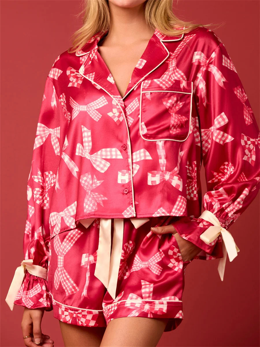 Women 2025 Christmas Pajama Set 2 Piece Button Down Shirt Nutcracker Satin Bow Santa Sleep Shorts Outfit Y2k Loungewear 241112