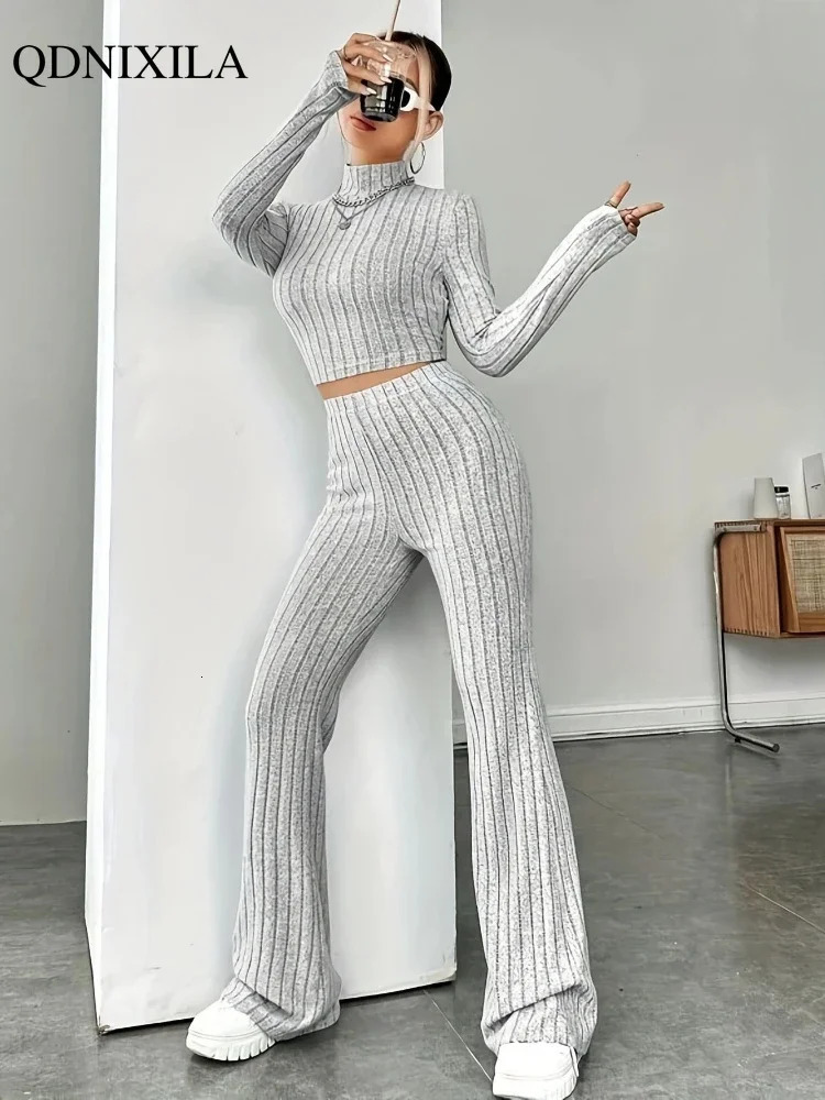 Elegant Womens Sets 2024 Autumn Hight Waist Casual Knit Pants Korean Fashion Turtleneck Pullover 2 Piece Set Outfit 241108