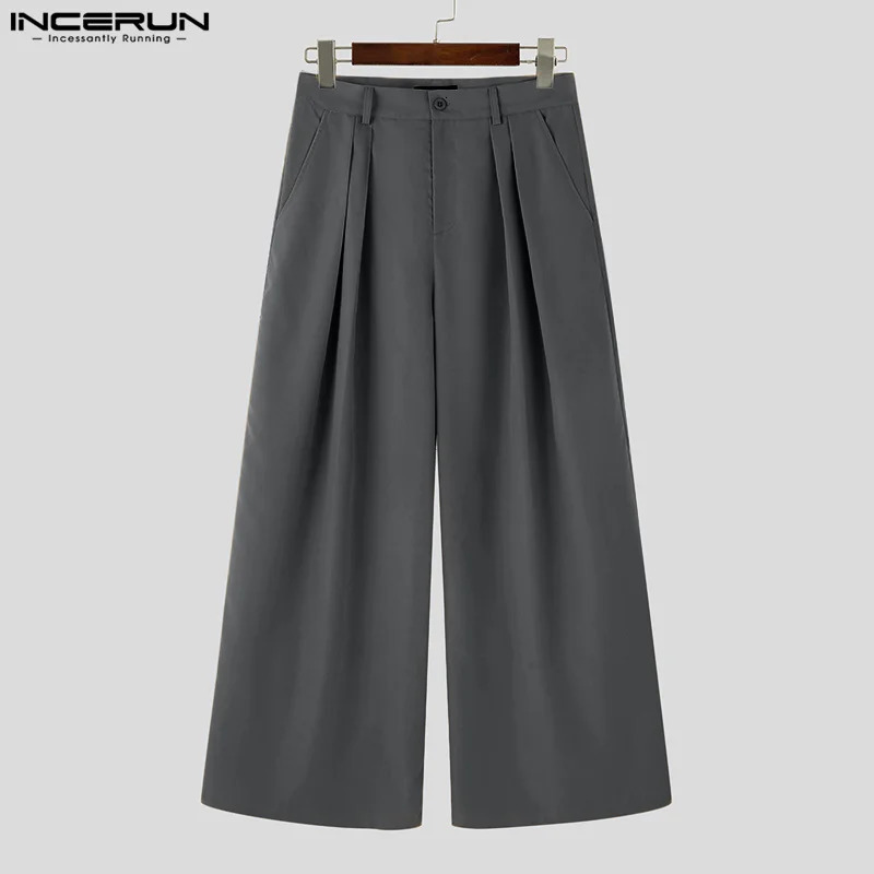 INCERUN Men Wide Leg Pants Solid Color Button Joggers Loose Pleated Casual Trousers Men Streetwear Fashion Long Pants S-5XL 241112