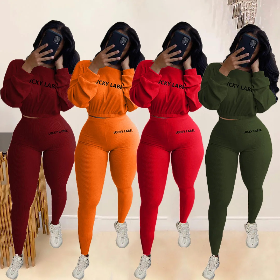 Fashion Summer Solid Lucky Label Letter Embroidery Two Piece Set SweatshirtLeggings Casual Sporty Tracksuits Female 241108