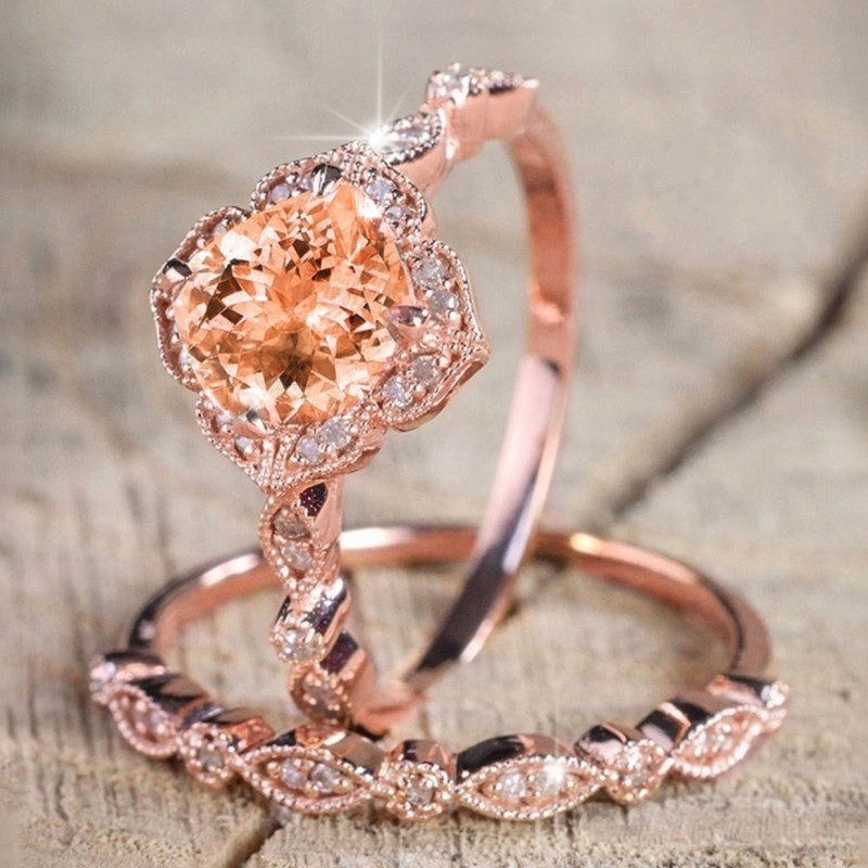Huitan Rose Gold Color 2Pcs Set Rings for Women Temperament Elegant Lady's Accessories Wedding Anniversary Party Trendy Jewelry 22c1f 5 fc194