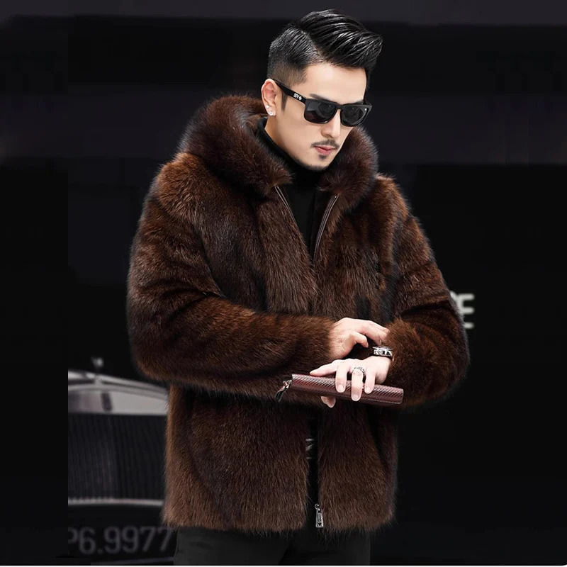 Mens fur coat mink coat short hooded casual fashion trend winter zipper jacket 241112