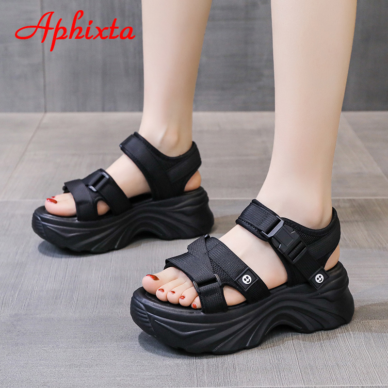 Top-Rated Canvas Wedge Platform Sandals for Women Black Buckle Slides with 6.5cm Thick Sole for Height and Comfort