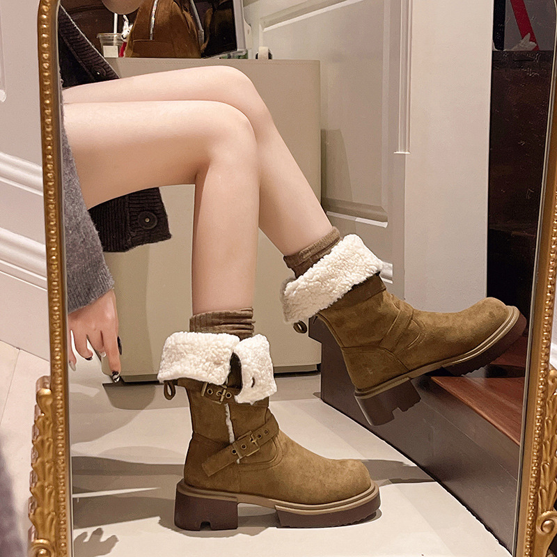 Women's Boots:Fashion Design Sense Retro Thick Sole Martin Boots Winter 2024 New Style,Khaki,Free shipping
