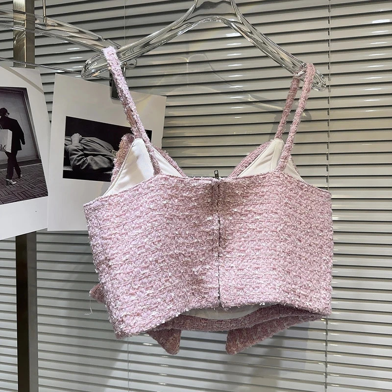 High quality coarse woolen two-piece set for womens sleeveless large bow diamond Camisol crop top body mini skiing set sweet 2-piece set 241112