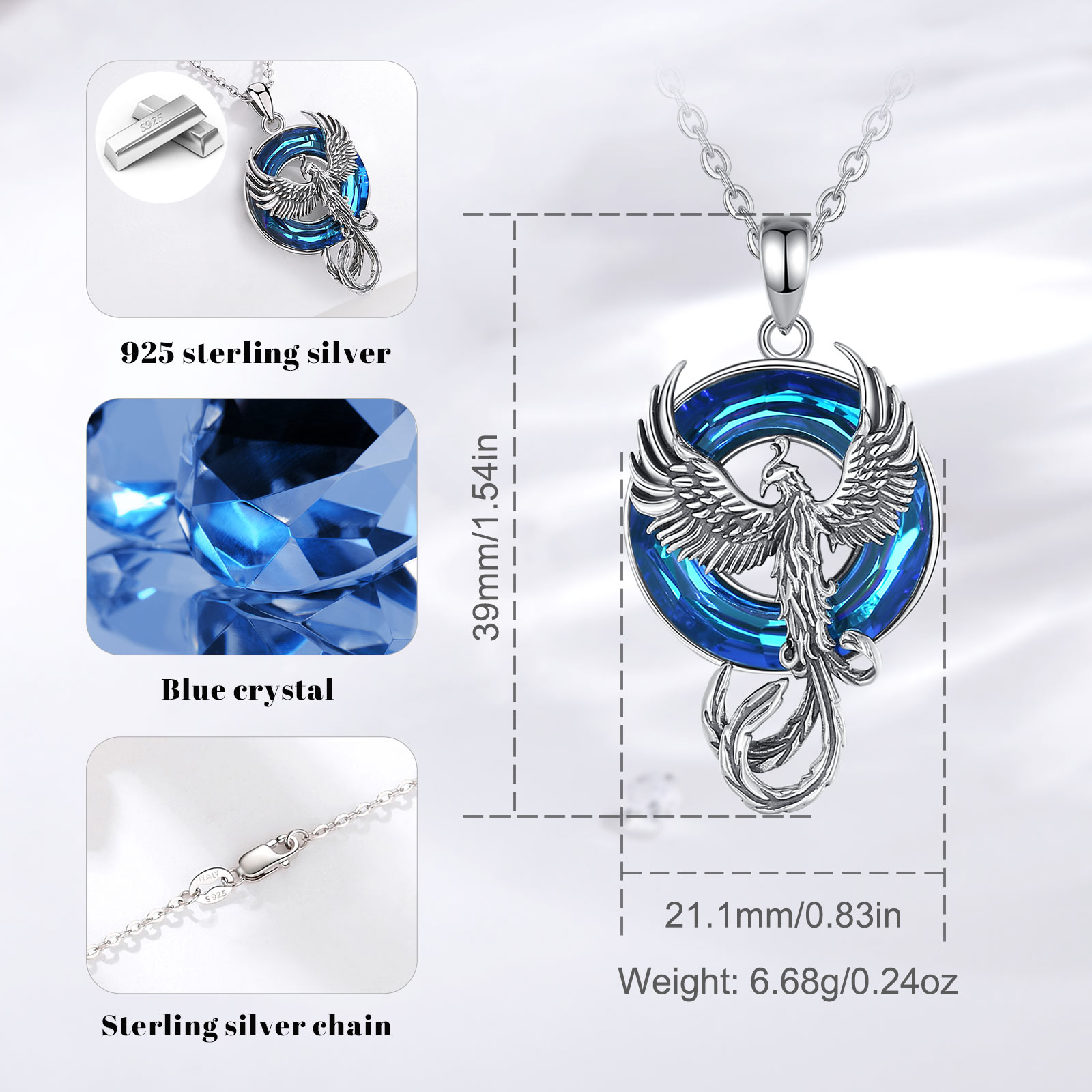 Eudora Sterling Sier Phoenix Neckalce Circle Austrian Crystal Phoenix Pendant Personality Jewelry for Women Man Gif e65e0 5 50a12