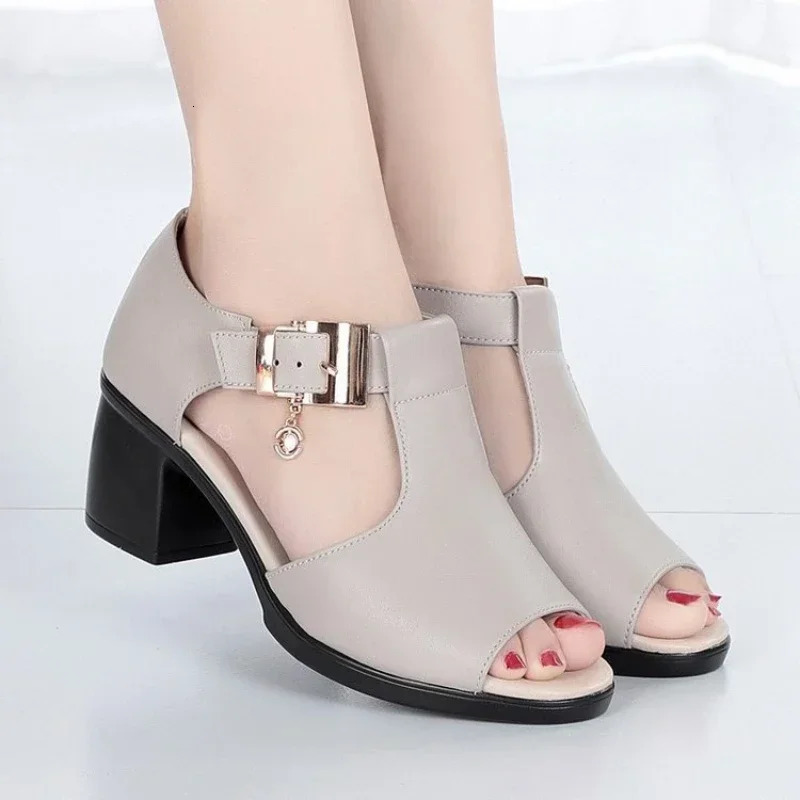 Sandals Women 2024 Summer Fish Mouth Fashion Buckle Solid High Heels Outdoor Comfort Walking Shoes Female Sandalias De Mujer 241112