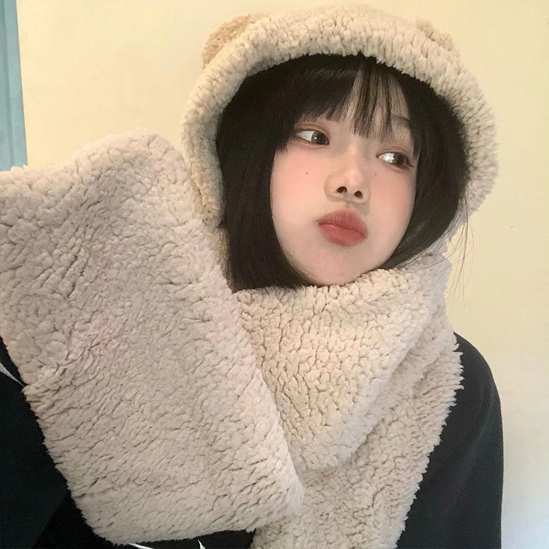 Winter Lamb Wool Cute Bear Ear Hat Scarf Gloves Set Women Caps Warm Plush Neck Hats Casual Fleece Girls Beanies