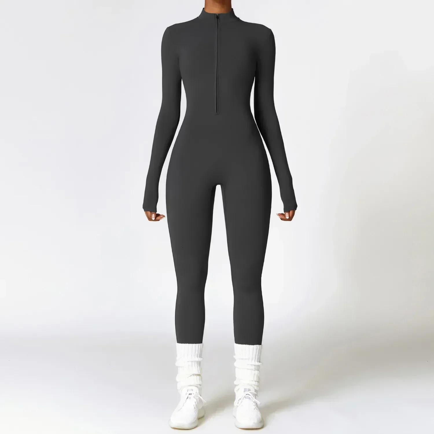 Autumn and winter sports jumpsuit womens sports shirt long sleeved zipper warm gym fitness full body yoga exercise suit one-piece set 241112