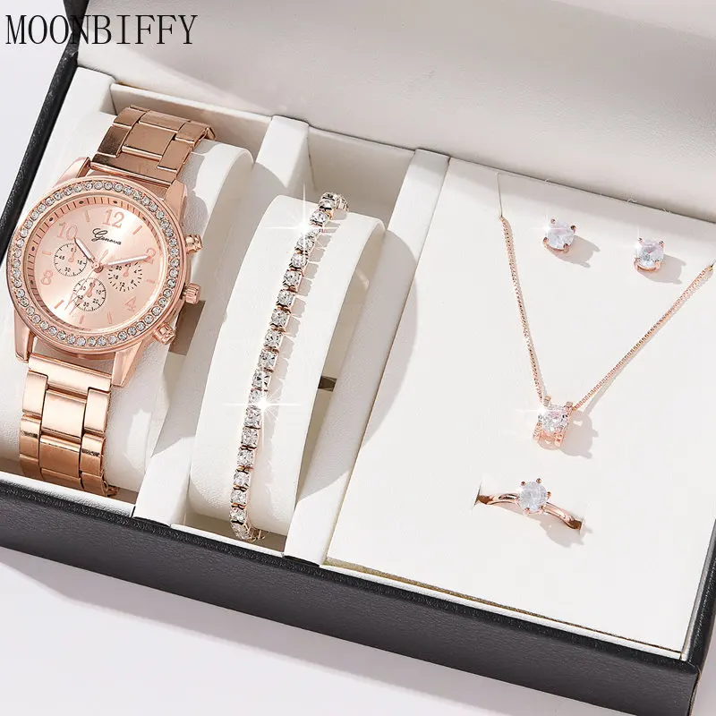 6PCS Set Watch Women Ring Necklace Earrings Rhinestone Wristwatch Female Casual Ladies Watches Bracelet Set Clock(No Box) c8204 5 a05d4