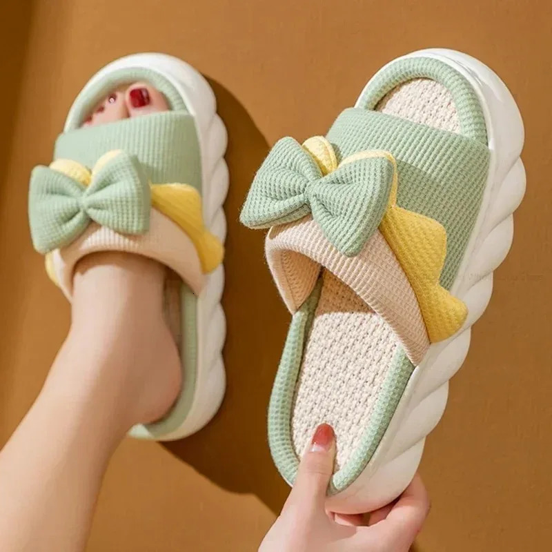Linen Slippers Women Indoor Slippers Comzy Anti-Slip House Cotton Shoes Cute Bowknot Flat Slipper Couples Slides Spring Summer 241112