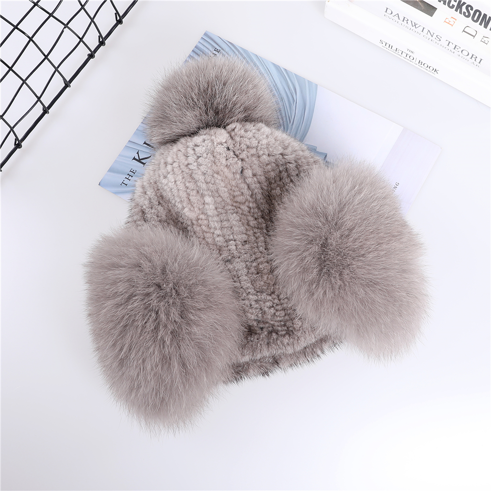 Women's Winter Warm 100% Genuine Mink Knitted Beanie Hat Bomber Caps Fox Fur Ear Warmer Cover Hats Pom Elastic