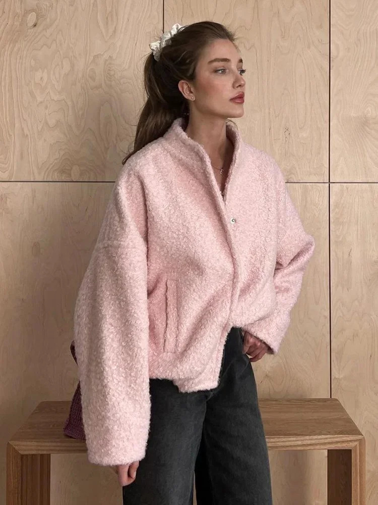 Autumn Women Elegant Pink Loose Bomber Jacket With Pocket Casual Single Breasted Long Sleeve Outerwears Female Outdoor Coat 241112