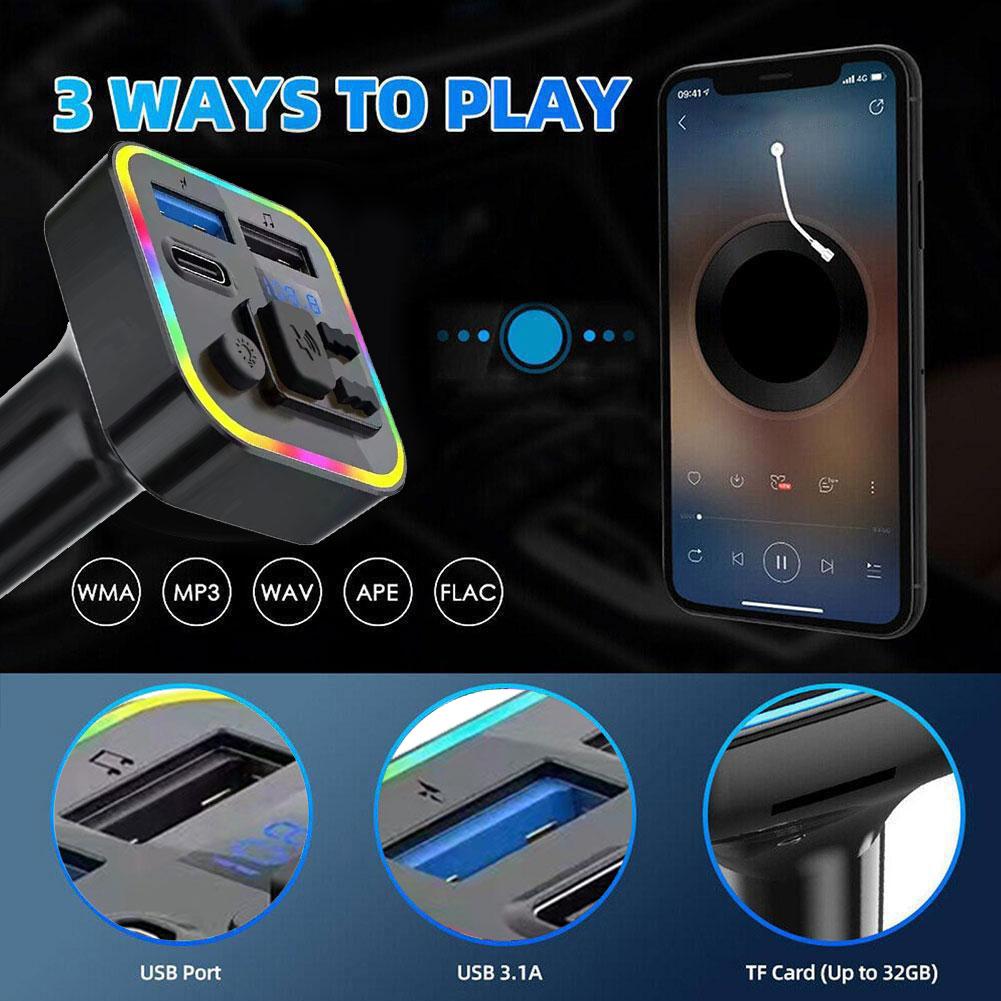 1 Pcs Bluetooth Car 5.0 FM MP3 Player Type-C Dual USB QC3.0 Fast Charging Vehicle Color Ambient Light FM Transmitter Car MP3 4ea21