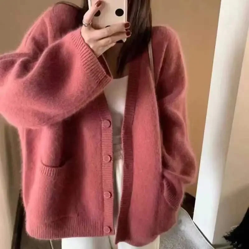 2023 Autumn Winter Women Cardigan Sweater Blue Knitted Tops Buttoned Up Elegant Vneck 241111