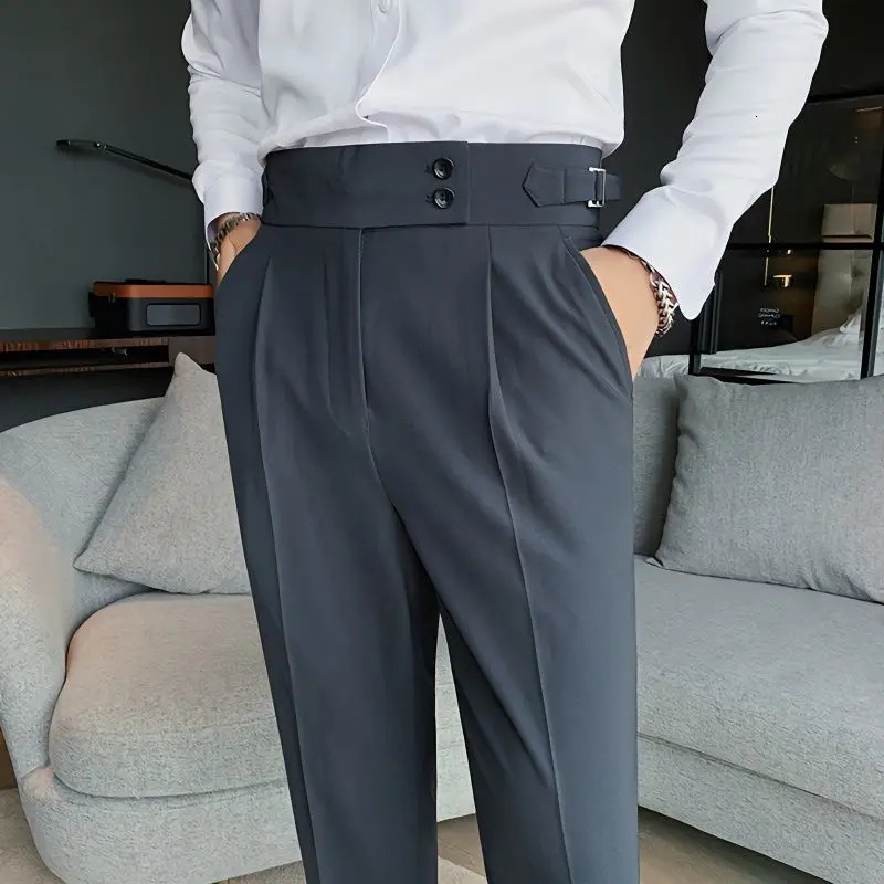 Spring and Autumn Fashion Korean Edition Casual Business High Waist Button Slim Fit Straight Tube Non Iron Mens Suit Pants 241112