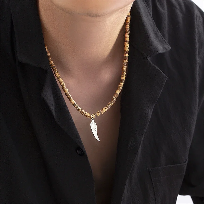 Vintage Bohemia Surfer Feather Wing Pendant Necklace for Men Simple Tribal Ethnic Coconut Shell Beaded Necklace Men Jewelry