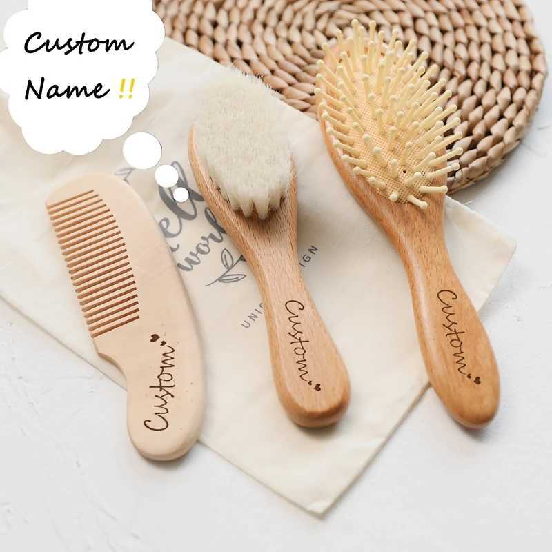 Customized baby hair brush set natural wooden comb soft wool newborn baby bath care brush personalized massage gift for children W241112