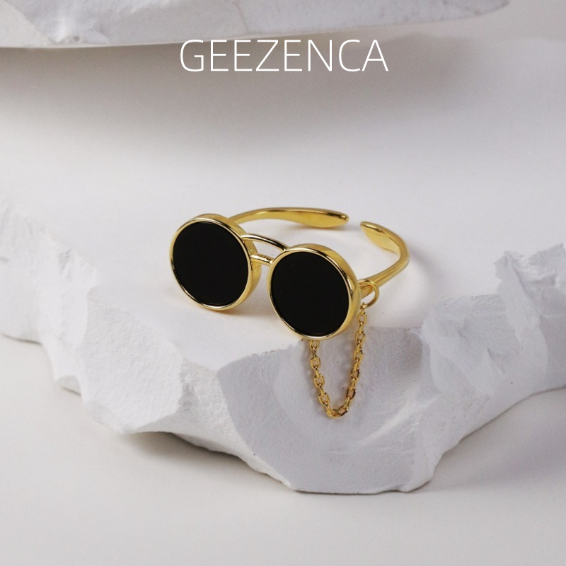GEEZENCA Sterling Sier Black Agate Sunglasses Shaped Open Ring For Women Original Design Unique Hiphop Chic Rings 2023 New caa72