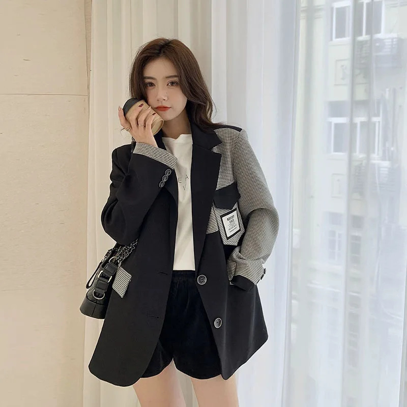 Fashion plain contrast jacket womens loose single chest set jacket with patchwork pockets and open collar jacket 241111