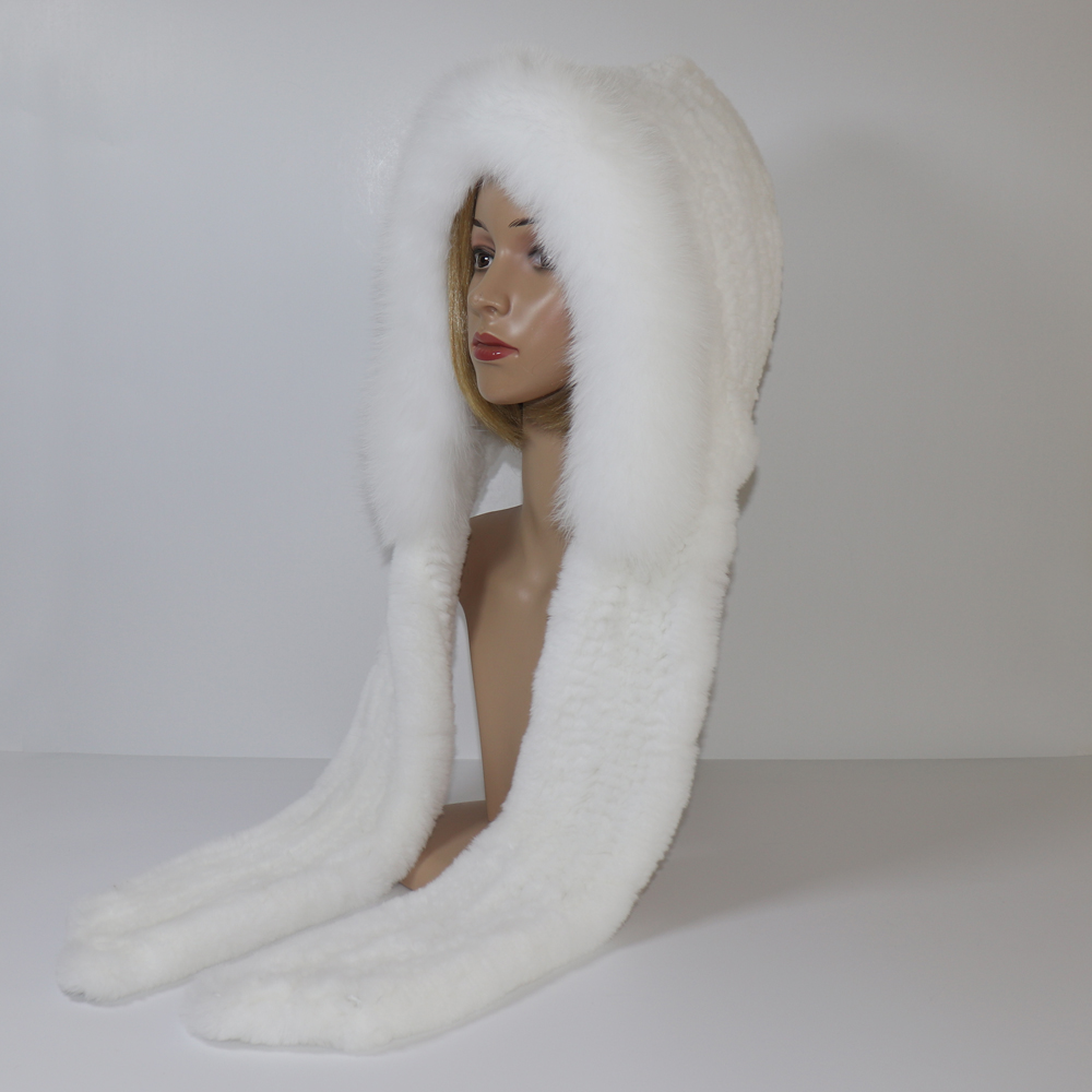 New Winter Women Natural Fox Hats&Scarves Lady Warm Fluffy Rex Rabbit Hat&Scarf Knit Real Fur Hooded Scarfs