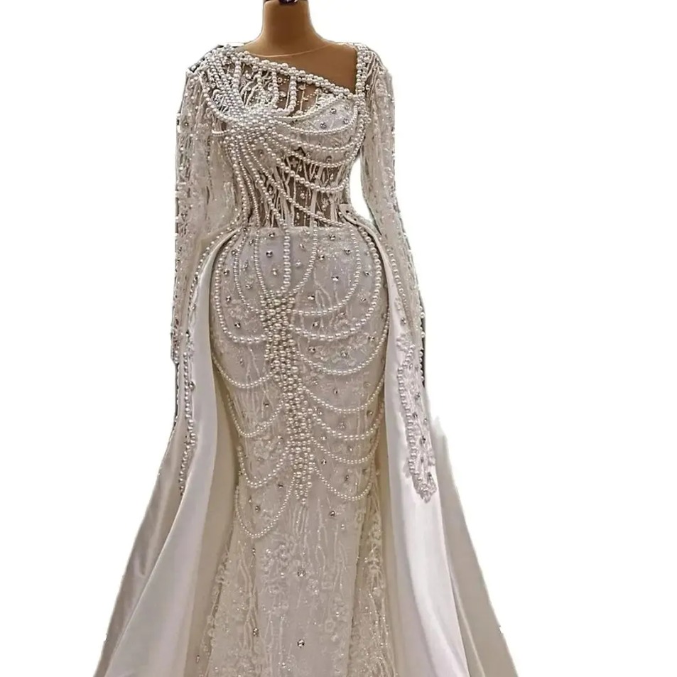 Vintage Pearls Mermaid Wedding Dress Sexy Glitter Lace Beading Arabic Trumpet Full Sleeve Bridal Gowns Robe Bc18606 0218