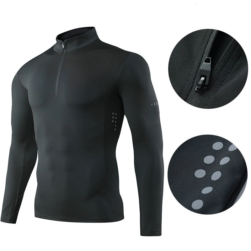 Mens Sports T-Shirt Long Sleeve Top Gym Clothing Fitness Compression Shirt Half Zip Pullover Quick Dry Sportswear 241112