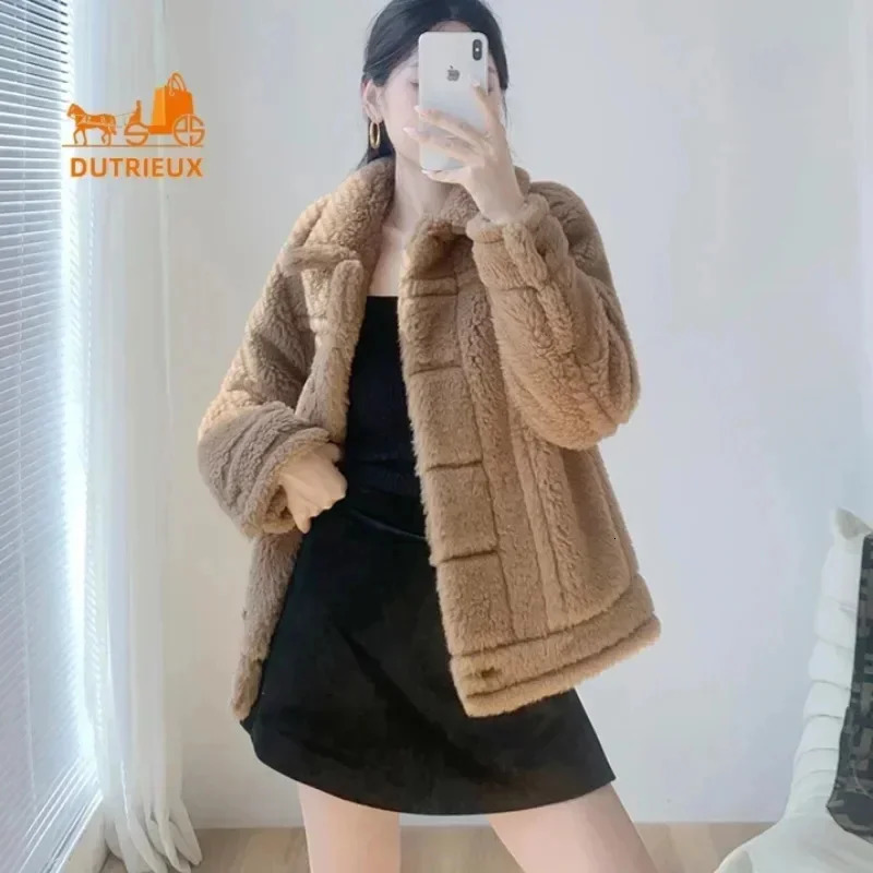 2025 High Quality Teddy Womens Coat 62% Alpaca 24% Wool 12% Silk Winter Bicycle Thick Warm Jacket Fur 241112