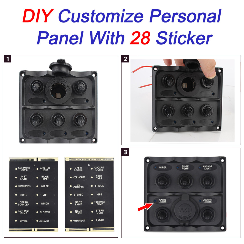 Car Marine LED Rocker Switch Panel Voltmeter/Cigarette Lighter Plug Waterproof 5 Gang DC 12v Circuit Breaker