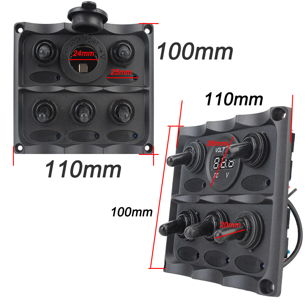 Car Marine LED Rocker Switch Panel Voltmeter/Cigarette Lighter Plug Waterproof 5 Gang DC 12v Circuit Breaker