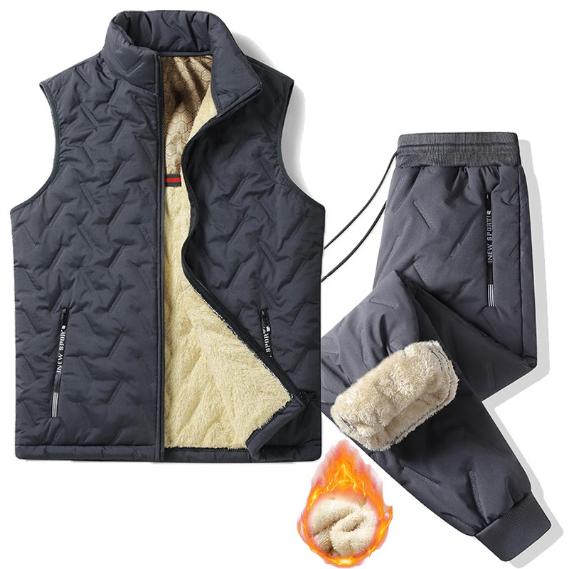 Winter Streerwear Men Plush Thick Sweatpant Lambswool Thermal Trousers Jacket Coats Waterproof Windproof Warm Sleeveless Set 241111