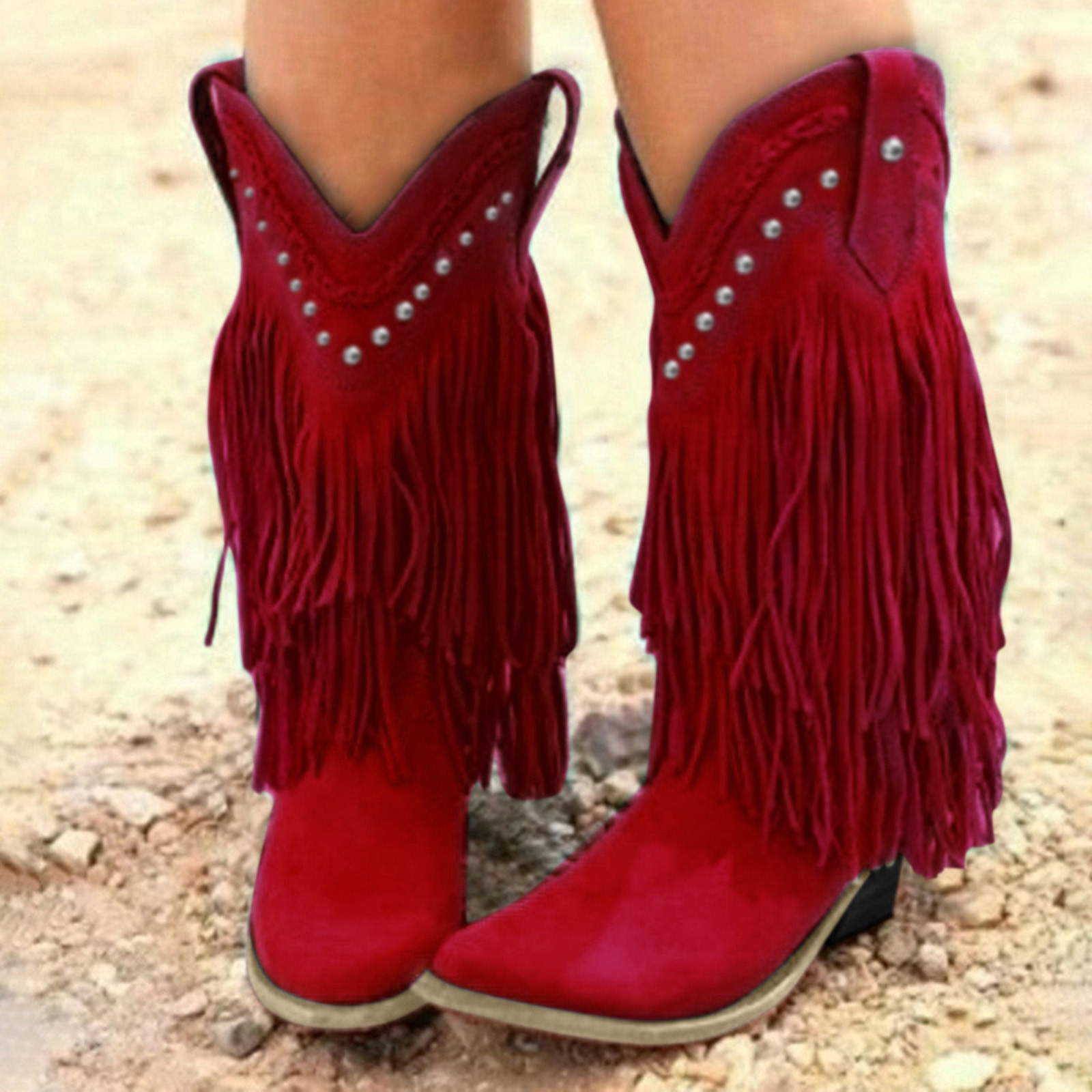 New Mid-calf Boots Women Autumn Winter Western Cowboy Vintage Tassel Thick Heel Boots Female Casual Breathable Shoes botas mujer 672dc c1c1d