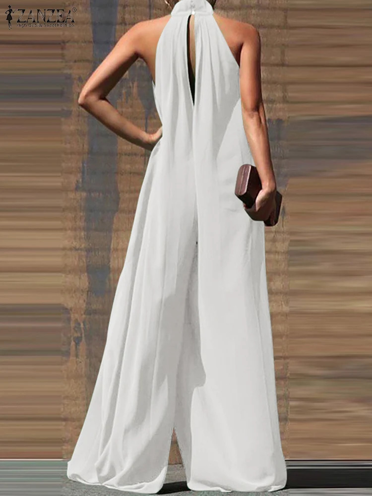 Super sized ZANZEA fashionable womens jumpsuit summer pleated wide leg set casual solid sleeveless loose button jumpsuit 241112