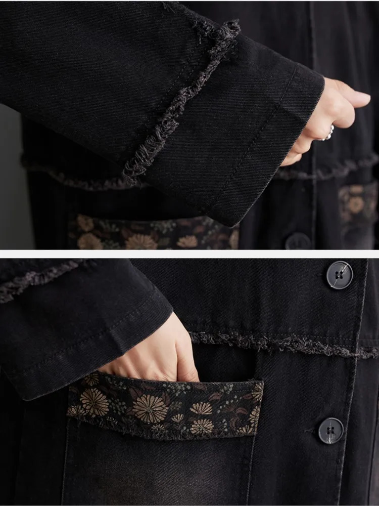 Denim Spring Hooded Midi Coat Womens Flower Printed Patch Work Fashionable Loose Womens Jacket Casual Long Sleeve Womens Trench Coat 241112