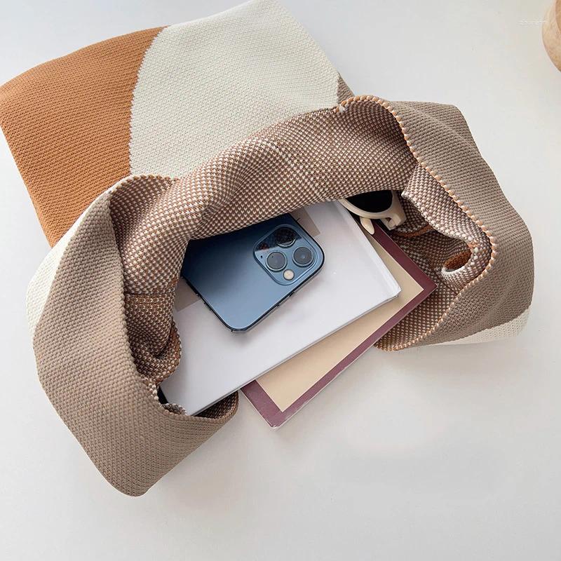 Totes Black White Knit Handbag Handmade Reusable Shopping Bags Women Girls Casual Knot Wrist Outdoor Storage zhanyishengli