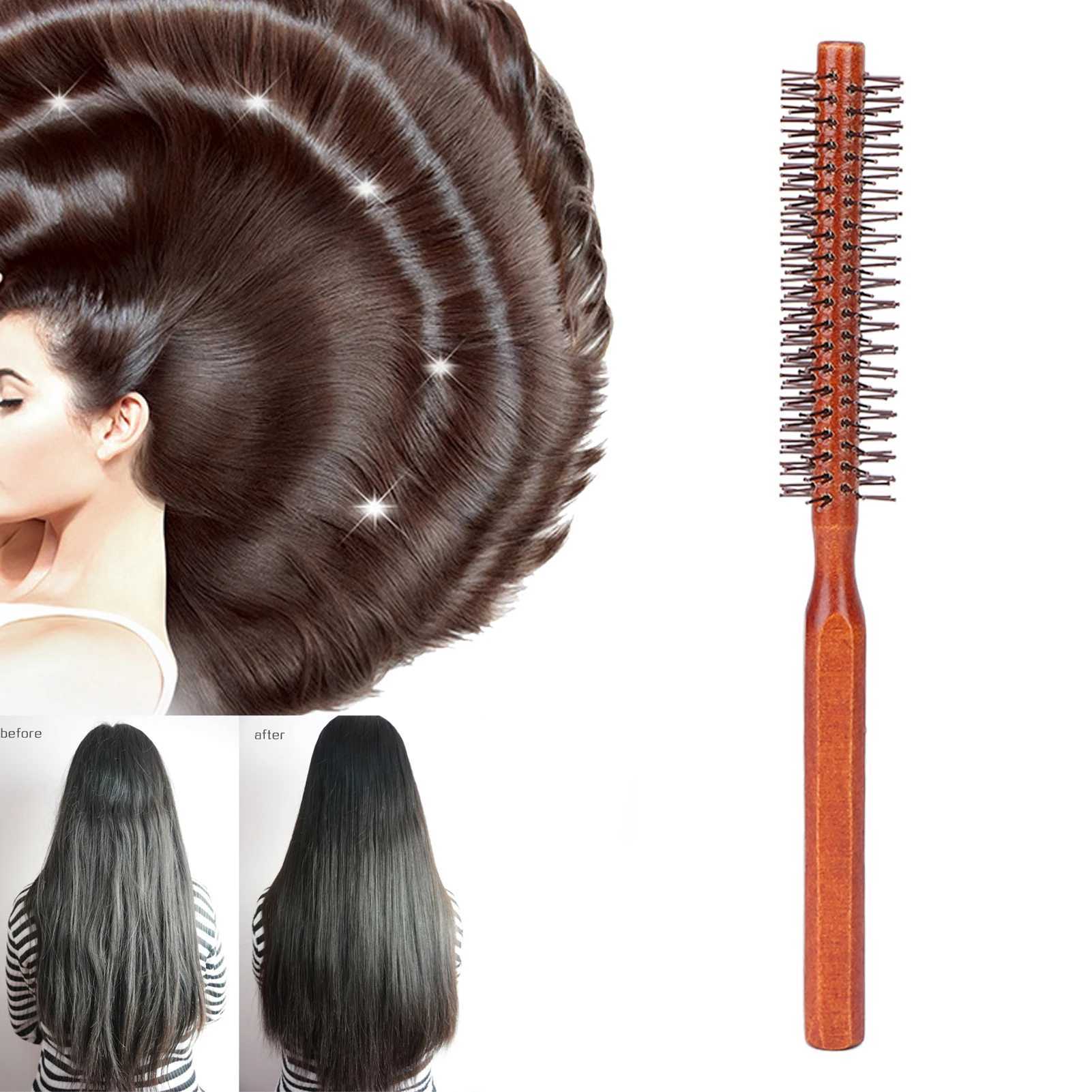 Round shaped hair brush curling iron small wooden brush neutral style used for blowing and drying at home W241112