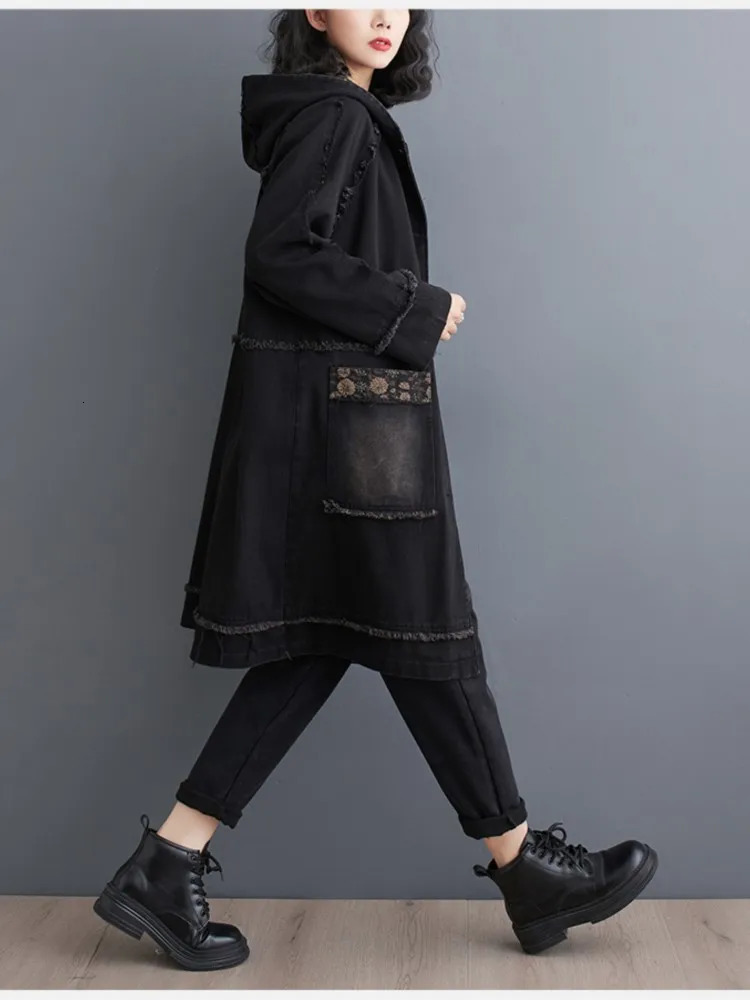 Denim Spring Hooded Midi Coat Womens Flower Printed Patch Work Fashionable Loose Womens Jacket Casual Long Sleeve Womens Trench Coat 241112