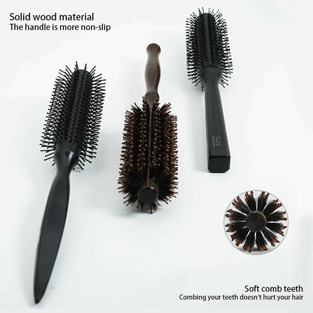 Round hair comb with natural wooden handle round bucket anti-static professional barber salon hair comb W241112