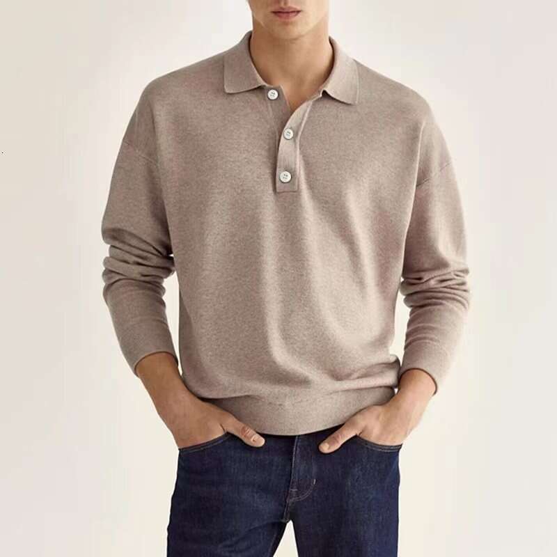 2024 autumn long sleeved V-neck buttoned men's casual top polo shirt