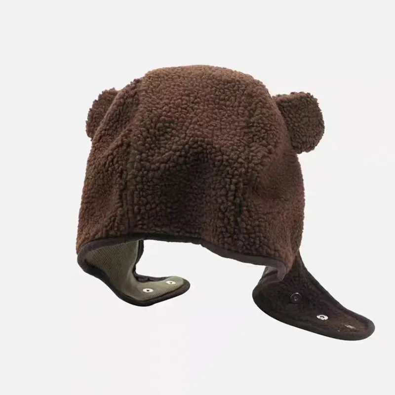 New Brown Bear Ear Scarf Beanies Men Women Winter Safety Helmet Rockwool Magnetic Buckle Outdoor Protector Hat with Earflaps