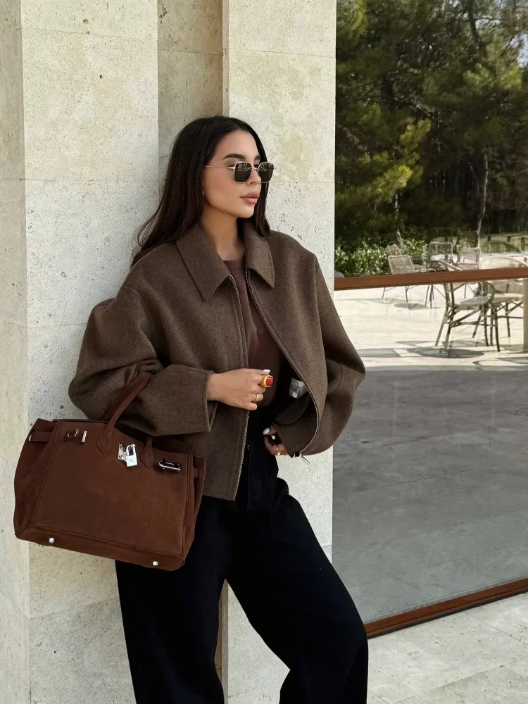 Women Casual Solid Short Woolen Coat Elegant Lapel Long Sleeve Zipper Baseball Jacket Autumn Lady Chic Street Outwear 241112